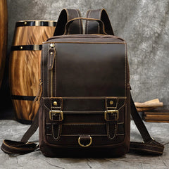 13'' Leather Mens Satchel Backpack Laptop Rucksack Vintage School Backpack For Men