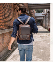 13'' Leather Mens Satchel Backpack Laptop Rucksack Vintage School Backpack For Men