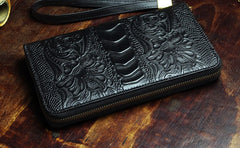 Handmade Leather Mens Tooled Floral Cool Zipper Phone Travel Long Wallet Card Holder Card Slim Clutch Wallets for Men