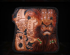Handmade Mens Cool Tooled Zhong Kui demon Leather Chain Wallet Biker Trucker Wallet with Chain