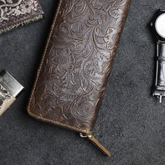 Handmade Leather Floral Mens Cool Travel Long Wallet Card Holder Card Slim Clutch Wallets for Men