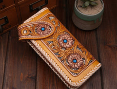 Handmade Mens Cool Tooled Floral Leather Chain Wallet Biker Trucker Wallet with Chain