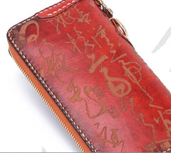 Handmade Leather Mens Chinese Handwriting Chain Biker Wallet Cool Leather Wallet Long Phone Wallets for Men