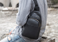 Leather Mens Black Sling Bag Sling Shoulder Bag Sling Backpack for men - iwalletsmen