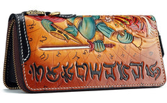 Handmade Leather Tooled Ucchusma Mens Chain Biker Wallet Cool Leather Wallet Zipper Long Phone Wallets for Men