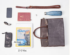 Mens Gray Canvas Leather Briefcase Handbag Work Bag Business Bag for Men - iwalletsmen