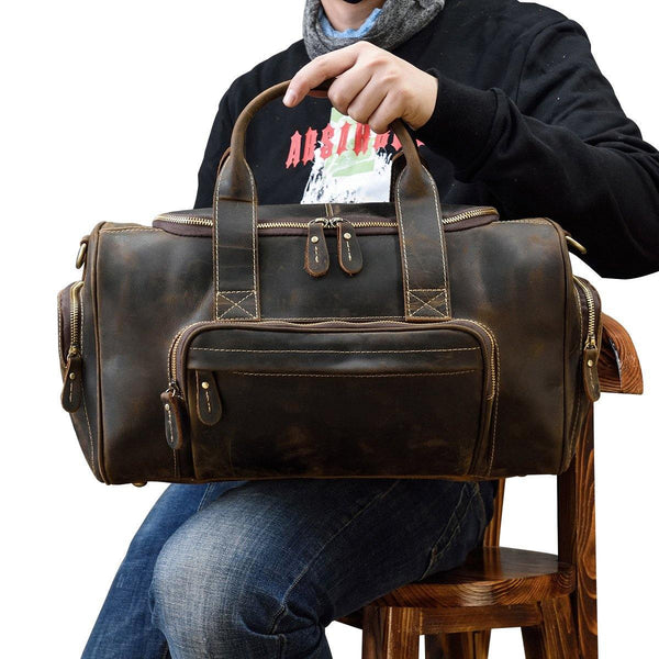 Casual Brown Leather Men Overnight Bags Handbag Travel Bags Weekender Bags For Men - iwalletsmen