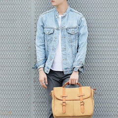 Khaki Canvas Leather Mens Casual Briefcase Shoulder Bag Messenger Bags Casual Courier Bags for Men - iwalletsmen