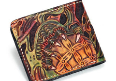 Handmade Leather Chinese Lion Tooled Mens billfold Wallet Cool Leather Wallet Slim Wallet for Men