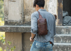 Coffee Leather Mens Sling Bag Sling Shoulder Bag Sling Backpacks for men - iwalletsmen