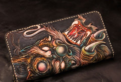 Handmade Leather Mens Clutch Wallet Cool Chinese Dragon Tooled Wallet Long Zipper Wallets for Men