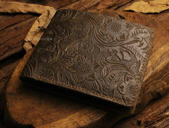 Handmade Leather Floral Mens Cool Slim Leather Wallet Men billfold Wallets Bifold for Men