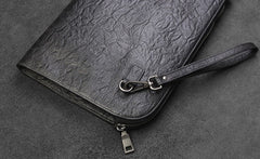 Handmade Leather Black Mens Clutch Cool Slim Wallet Zipper Clutch Wristlet Wallet for Men