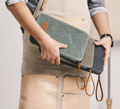 Gray Canvas Leather Mens Large Clutch Wallet Zipper Wristlet Bag Purse for Men - iwalletsmen