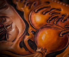 Handmade Leather Mens Clutch Wallet Cool Buddha&Demon Tooled Wallet Long Zipper Wallets for Men