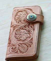 Handmade Mens Tooled Floral Beige Leather Long Biker Wallet Cool Long Chain Wallet for Men - iwalletsmen