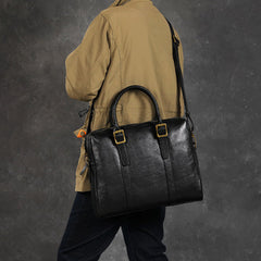 Black Leather Mens Briefcase 13 inches Laptop Work Handbag Shoulder Business Bags For Men