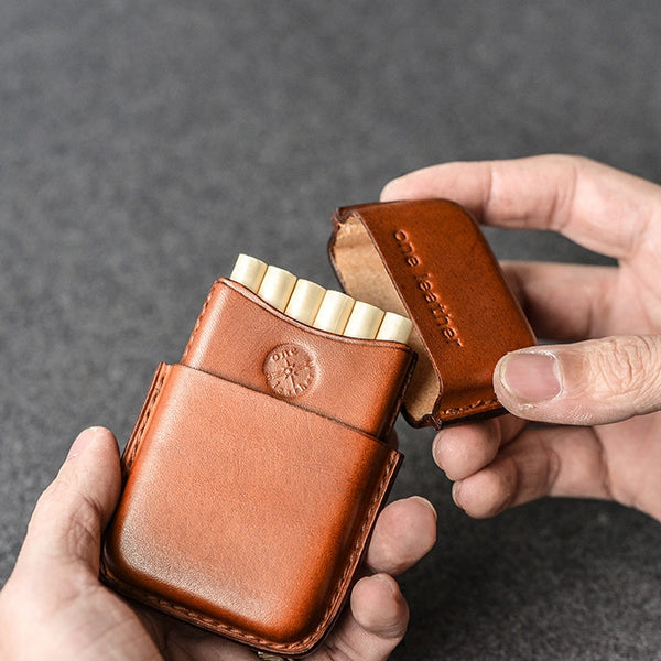 Handmade Brown Leather Mens 11pcs Cigarette Holder Case Cool Custom Cigarette Case for Men - iwalletsmen