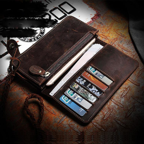 Coffee Leather Mens Bifold Long Biker Wallets Biker Chain Wallet Long Trucker Wallet for Men - iwalletsmen