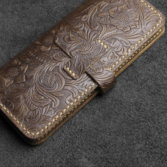 Handmade Leather Floral Mens Cool Travel Long Wallet Card Holder Card Slim Clutch Wallets for Men