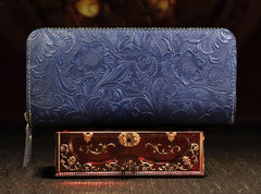 Handmade Leather Floral Mens Cool Travel Long Wallet Card Holder Card Slim Clutch Wallets for Men