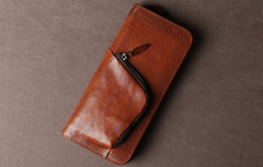 Genuine Leather Mens Cool Long Leather Wallet Cards Phone Zipper Clutch Wristlet Wallet for Men