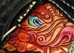 Handmade Leather Tooled Carp Mens Chain Biker Wallet Cool Leather Wallet Long Phone Wallets for Men
