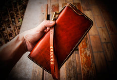 Handmade Leather Mens Chain Biker Wallet Cool Leather Wallet Long Clutch Wallets for Men