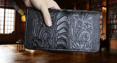 Handmade Leather Mens Tooled Floral Cool Zipper Phone Travel Long Wallet Card Holder Card Slim Clutch Wallets for Men