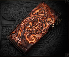 Handmade Leather Tooled Chinese Dragon Mens Chain Biker Wallet Cool Leather Wallet Long Phone Wallets for Men