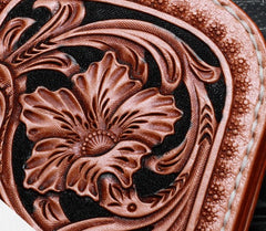 Handmade Leather Tooled Floral Mens Clutch Wallet Cool Wallet Long Wallets for Men Women