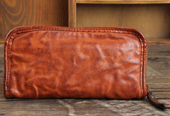 Handmade Genuine Leather Mens Cool Long Leather Wallet Zipper Clutch Wristlet Wallet for Men