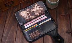 Handmade Leather Mens Cool Black Buddha Chain Wallet Biker Trucker Wallet with Chain