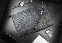 Handmade Leather Floral Tooled Mens Clutch Cool Slim Wallet Zipper Clutch Wristlet Wallet for Men