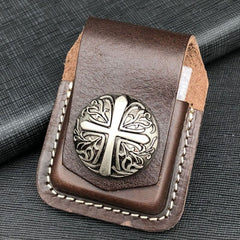 Coffee Handmade Leather Mens Cross Zippo Lighter Holders Lighter Case For Men - iwalletsmen