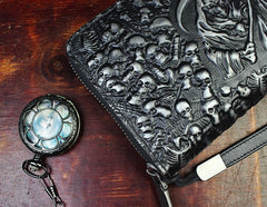 Handmade Leather Mens Tooled Skull Death Cool Zipper Phone Travel Long Wallet Card Holder Card Slim Clutch Wallets for Men