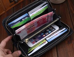 Handmade Leather Mens Clutch Wallet Tooled Cool Carp Wallet Long Zipper Wallets for Men