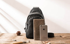 Leather Mens Black Sling Bag Sling Shoulder Bag Sling Backpack for men - iwalletsmen