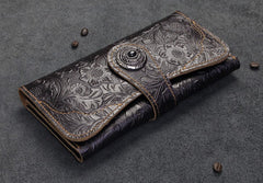 Handmade Leather Floral Mens Cool Travel Long Wallet Card Holder Card Slim Clutch Wallets for Men