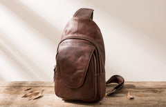 Coffee Leather Mens Sling Bag Sling Shoulder Bags Sling Backpacks for men - iwalletsmen