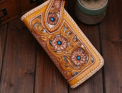 Handmade Mens Cool Tooled Floral Leather Chain Wallet Biker Trucker Wallet with Chain