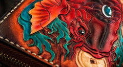 Handmade Leather Tooled Carp Mens Chain Biker Wallet Cool Leather Wallet Long Phone Wallets for Men