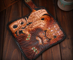 Handmade Mens Cool Tooled Zhong Kui demon Leather Chain Wallet Biker Trucker Wallet with Chain
