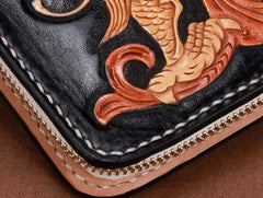 Handmade Leather Mens Clutch Wallet Cool Chinese Dragon Tooled Wallet Long Zipper Wallets for Men