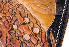 Handmade Leather Mens Clutch Wallet Cool Gold Toad Triped Crow Tooled Wallet Long Zipper Wallets for Men