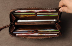 Genuine Leather Mens Cool Long Leather Wallet Cards Phone Zipper Clutch Wristlet Wallet for Men