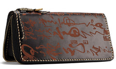 Handmade Leather Mens Chain Chinese Handwriting Biker Wallet Cool Leather Wallet Long Phone Wallets for Men