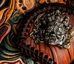 Handmade Leather Tooled Mahākāla Mens Chain Biker Wallet Cool Leather Wallet Long Clutch Wallets for Men