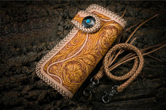 Handmade Mens Cool Tooled Floral Leather Chain Wallet Biker Trucker Wallet with Chain - iwalletsmen