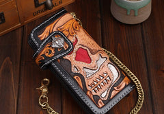 Handmade Leather Skull Mens Chain Biker Wallet Cool Leather Wallet Long Tooled Wallets for Men